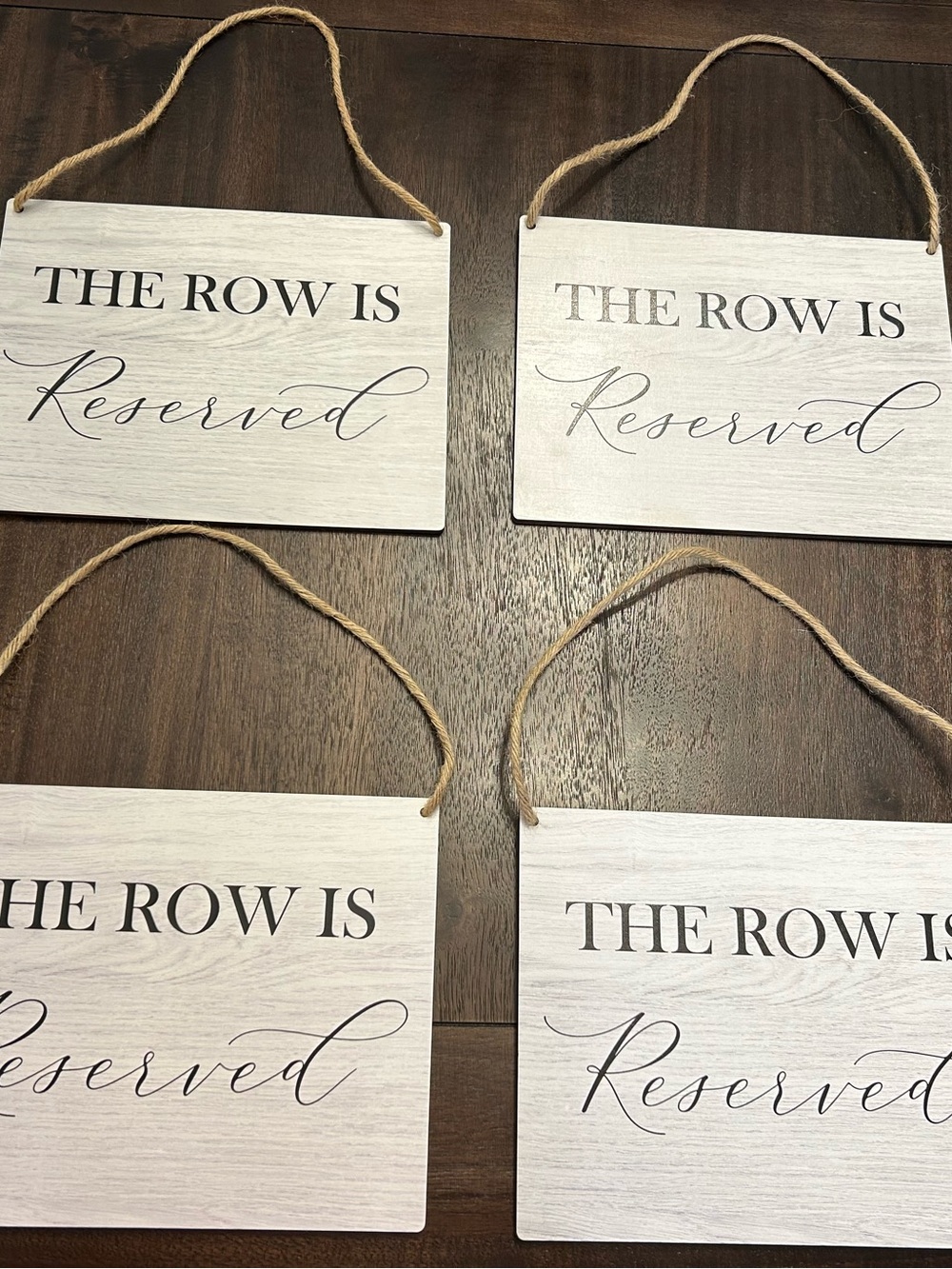 Wedding Reserved Row Signs - Set of 4 - White Wood Look with Rope